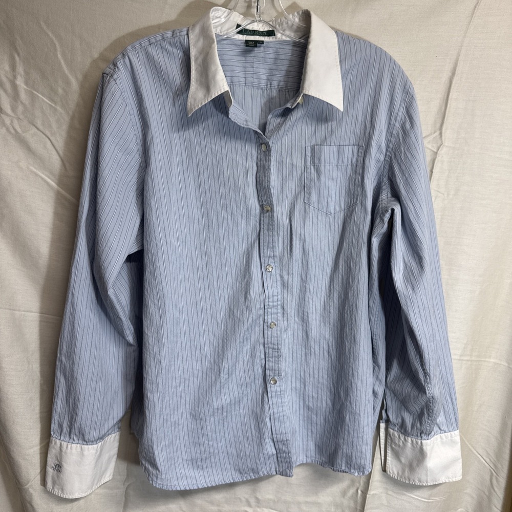 Vintage Women's Lauren Ralph Lauren Striped Button Up Monogram French Cuffs XL